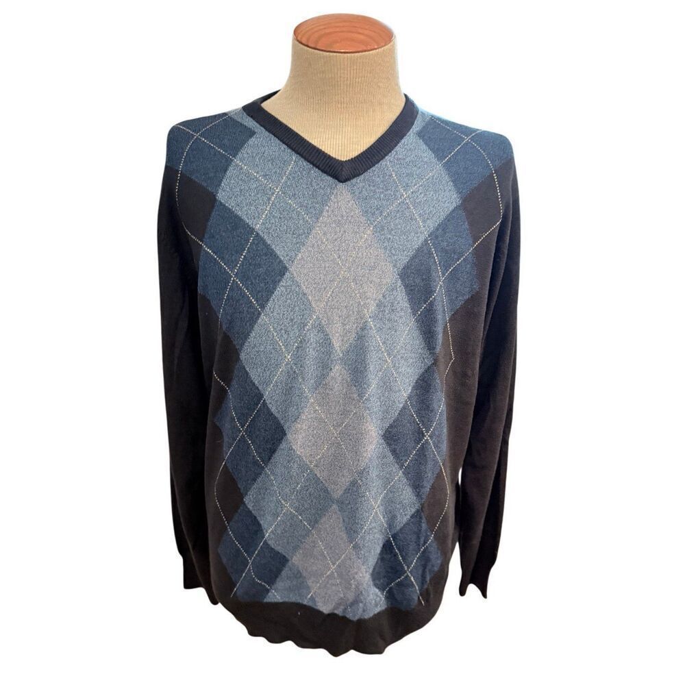 Geoffrey Beene Mens XL Pullover Gray Blue Extra Soft Argyle Sweater